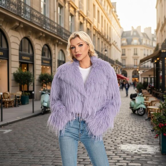 Women's Fur Coats Cropped Faux Fuzzy Warm Jacket Fluffy Fall Coat Purple Grey - Picture 4 of 5